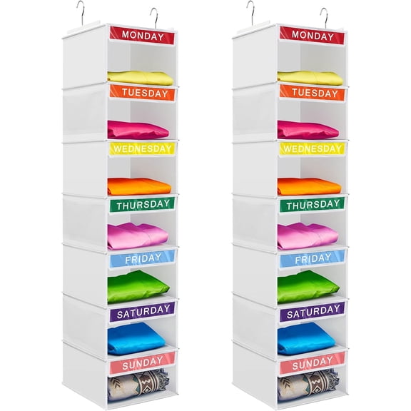 2 Pcs 7 Shelf Weekly Clothes Organizer for Kids Hanging Closet Organizer 11. 8 x 11. 8 x 50 Inches Daily Activity Kids Clothes Storage Drawers Cube Drawers Closet Hanging Shelves(White)