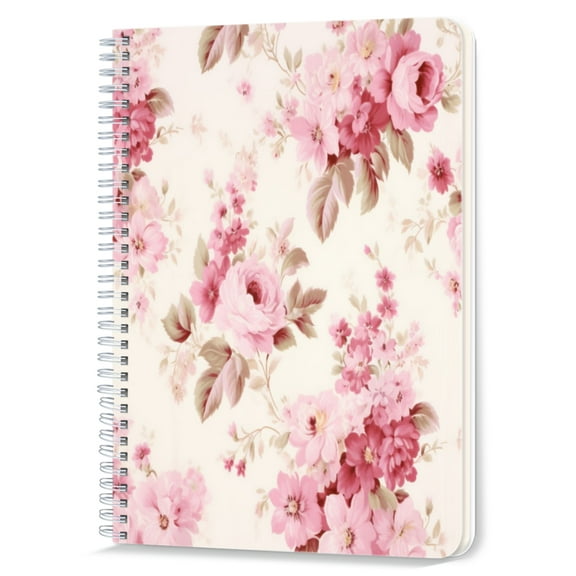 Spiral Notebook,Double-Wire Spiral College Lined Journal Notebook for Study and Notes,100 Pages,5.71x 8.26 in - Pink Floral Pattern on a Cream - colored Background
