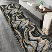 HR Orangish Yellow Grey Black Modern Contemporary Abstract Area Rugs Marble Pattern, 2' x 7' Runner