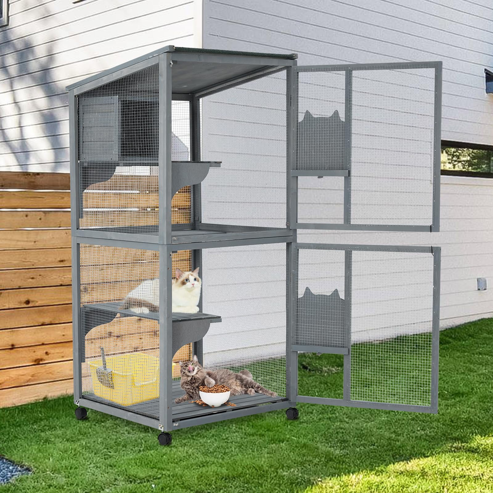 2-Tier Outdoor Cat House, Small Animal Cat Enclosure with 2 Lockable Doors, Catio with Waterproof Cover and Sunshine Panel Roof, Portable Kitty House with Resting Boxes & Fixable Wheels