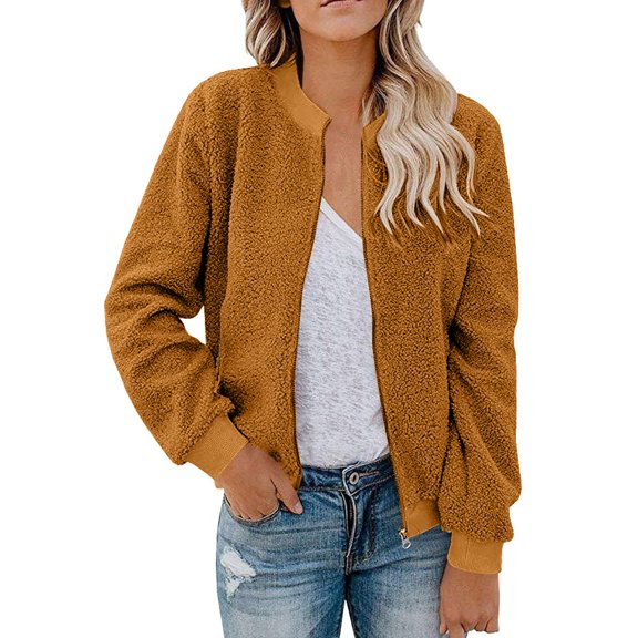 Women's Fashion Warm Shearling Zip Up Solid Jacket Khaki Yellow M