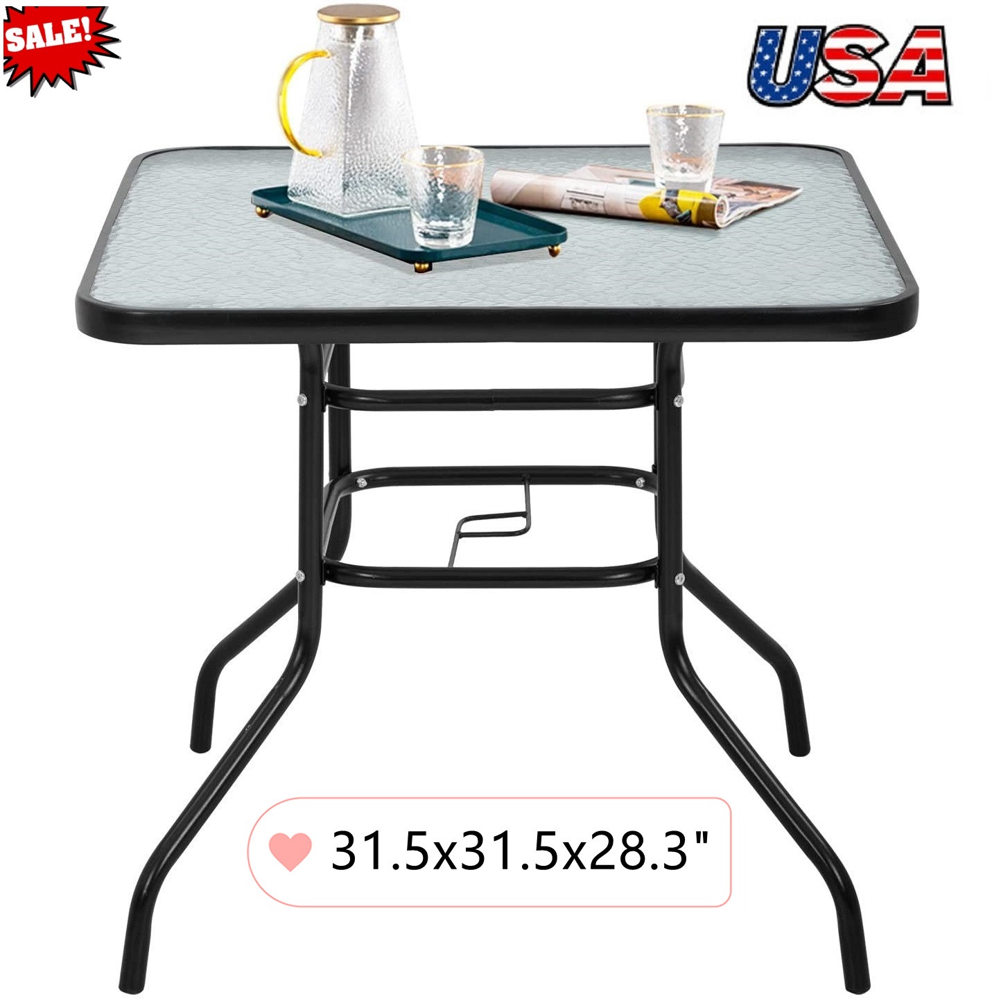 Goorabbit Outdoor Glass Table 32"Outdoor Bistro Table Square Patio Dining Table Side Table with Umbrella Hole, Outdoor Indoor Banquet Furniture with Metal Frame and Glass Top,Black - image 1 of 8