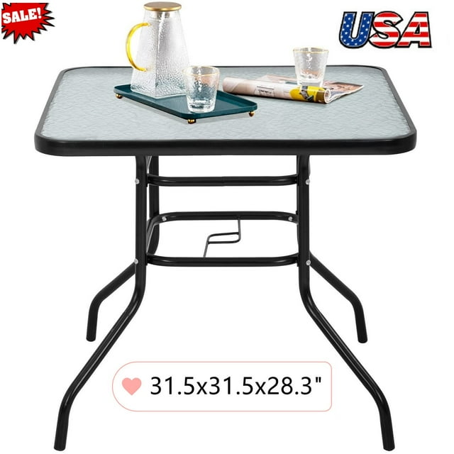 Goorabbit Outdoor Glass Table 32"Outdoor Bistro Table Square Patio Dining Table Side Table with Umbrella Hole, Outdoor Indoor Banquet Furniture with Metal Frame and Glass Top,Black