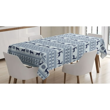 Nordic Tablecloth, Pixel Art Style Christmas Pattern with Reindeer and Snowflake Motifs, Rectangle Satin Table Cover Accent for Dining Room and Kitchen, 60" X 84", Pale Blue Dark Blue, by Ambesonne
