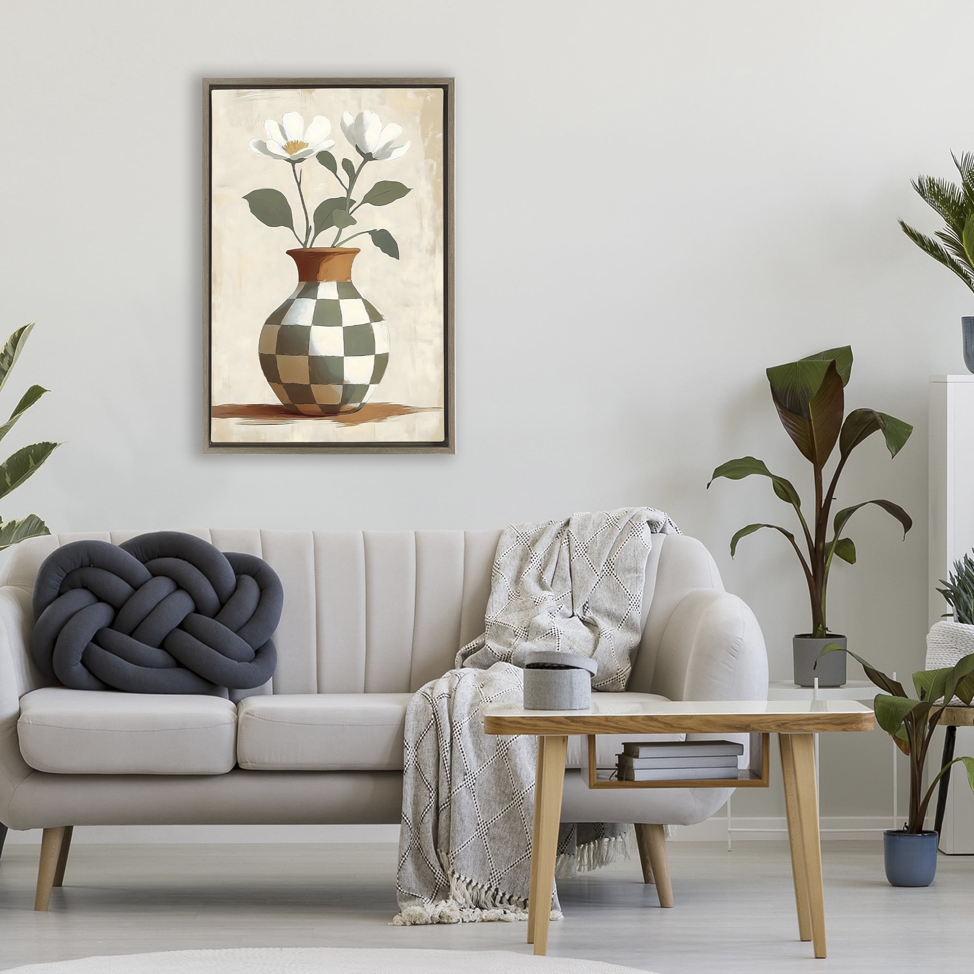 Stupell Industries Checkboard Green Flower Vase Brown Framed Floater Canvas Wall Art, design by Creative Studio
