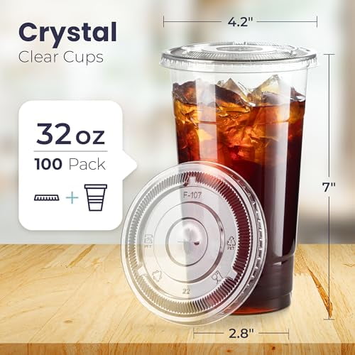 100 Pack] 32 oz Clear Plastic Cups with Flat Lids, Disposable Iced Coffee  Cups, BPA Free Premium Crystal Smoothie Cup for Party, Lemonade Stand, Cold  Drinks, Juice, Milkshake, Bubble Boba, Tea 