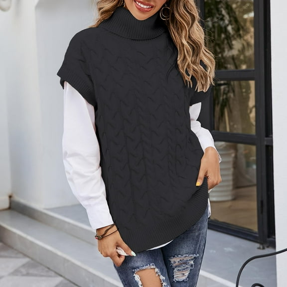 Utoimkio Women's Turtleneck Sweater Vest Cable Knit Sleeveless Striped Pullover Sweaters Fall Winter Loose Fit Pullover Tops for Women