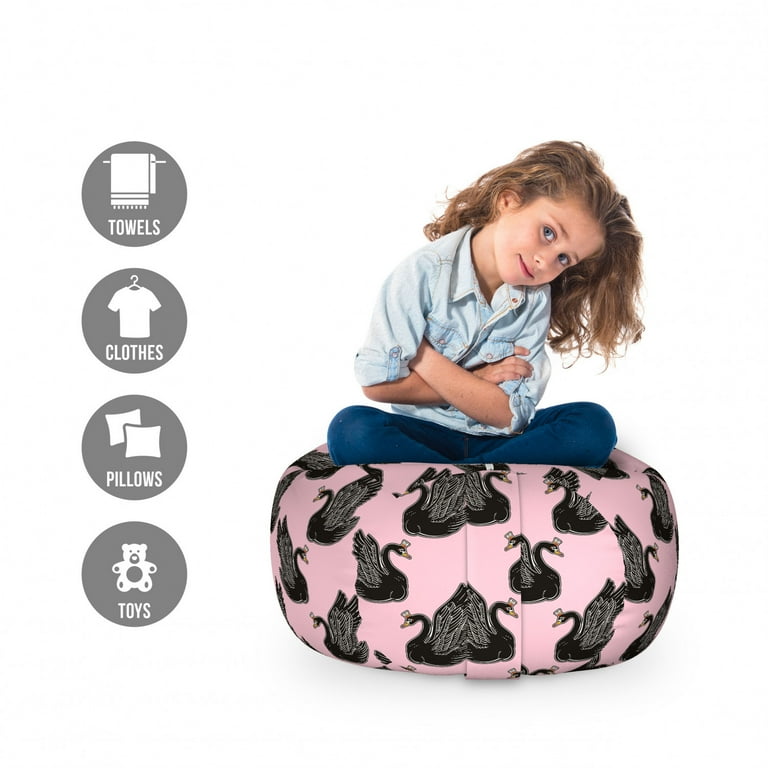 Swan Storage Toy Bag Chair Vintage Pin up Pattern with Black Swan Cartoon for Girls Stuffed Animal Organizer Washable Bag Small Size Pale Pink