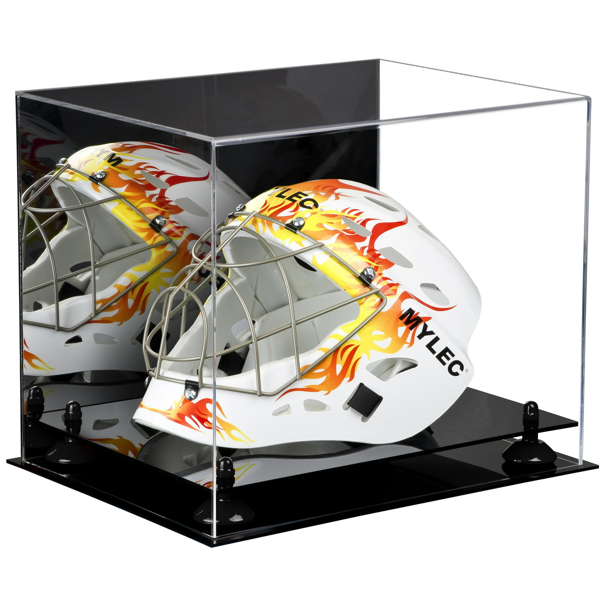 Deluxe Acrylic Lacrosse Helmet Display Case with Mirror, Wall Mount, Black Risers and Clear Base (A002-BR)