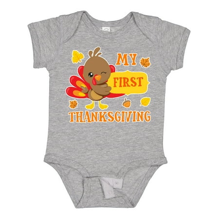 

Inktastic My First Thanksgiving with Turkey and Leaves Gift Baby Boy or Baby Girl Bodysuit