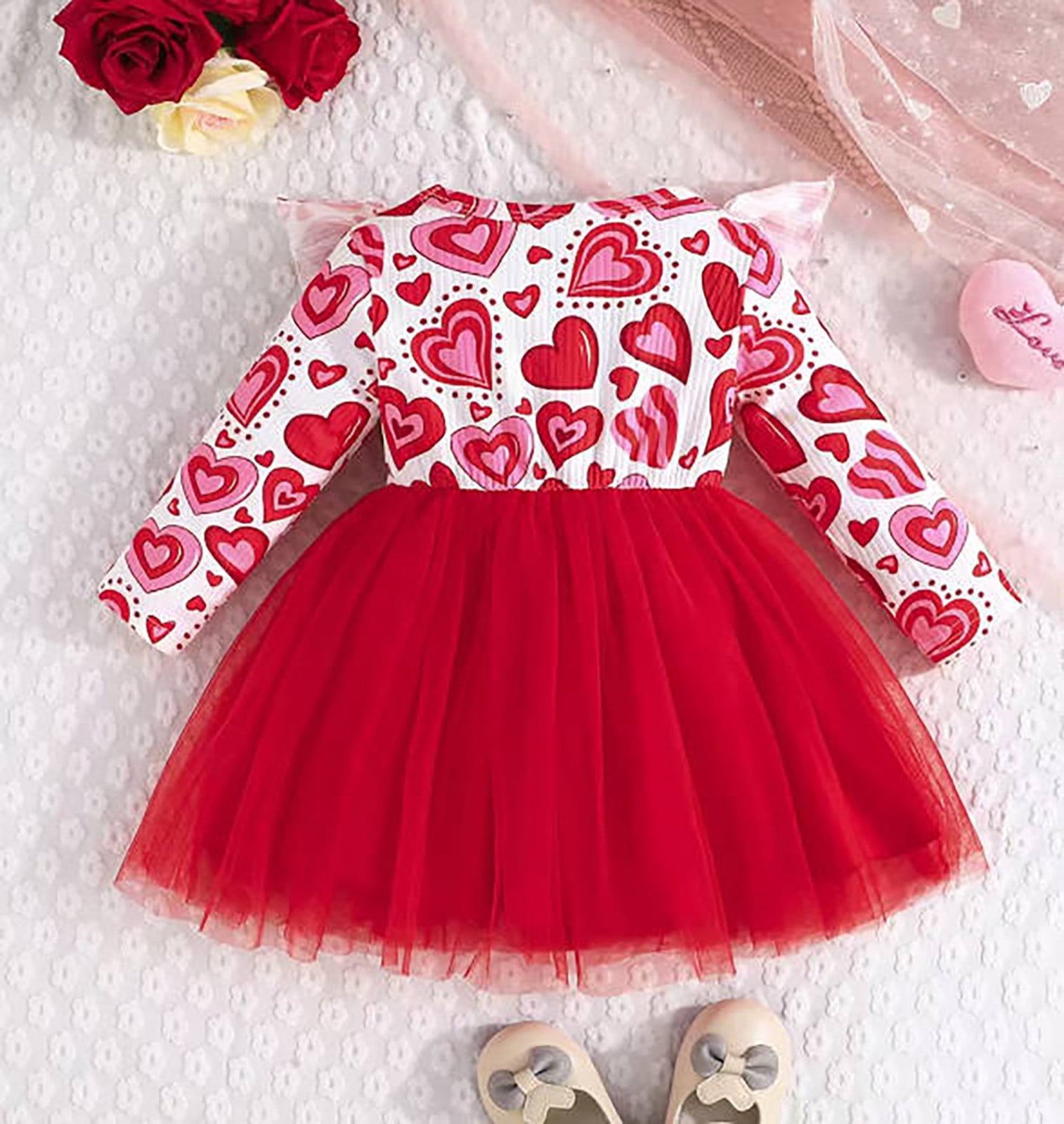 Tisuna Baby Girl'S Valentine Dress Heart Print Long Sleeve Crew Neck Dresses Elegant Cute Toddler Girls Festival Spring Casual Tulle Dress Red Size 9-12 Months