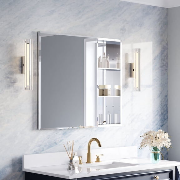 ANGELES HOME 36 x 30 in. Aluminum Copper-Free Mirror Medicine Cabinet with Beveled Mirror Door and Open Shelf Storage Set, Recessed or Surface Mount