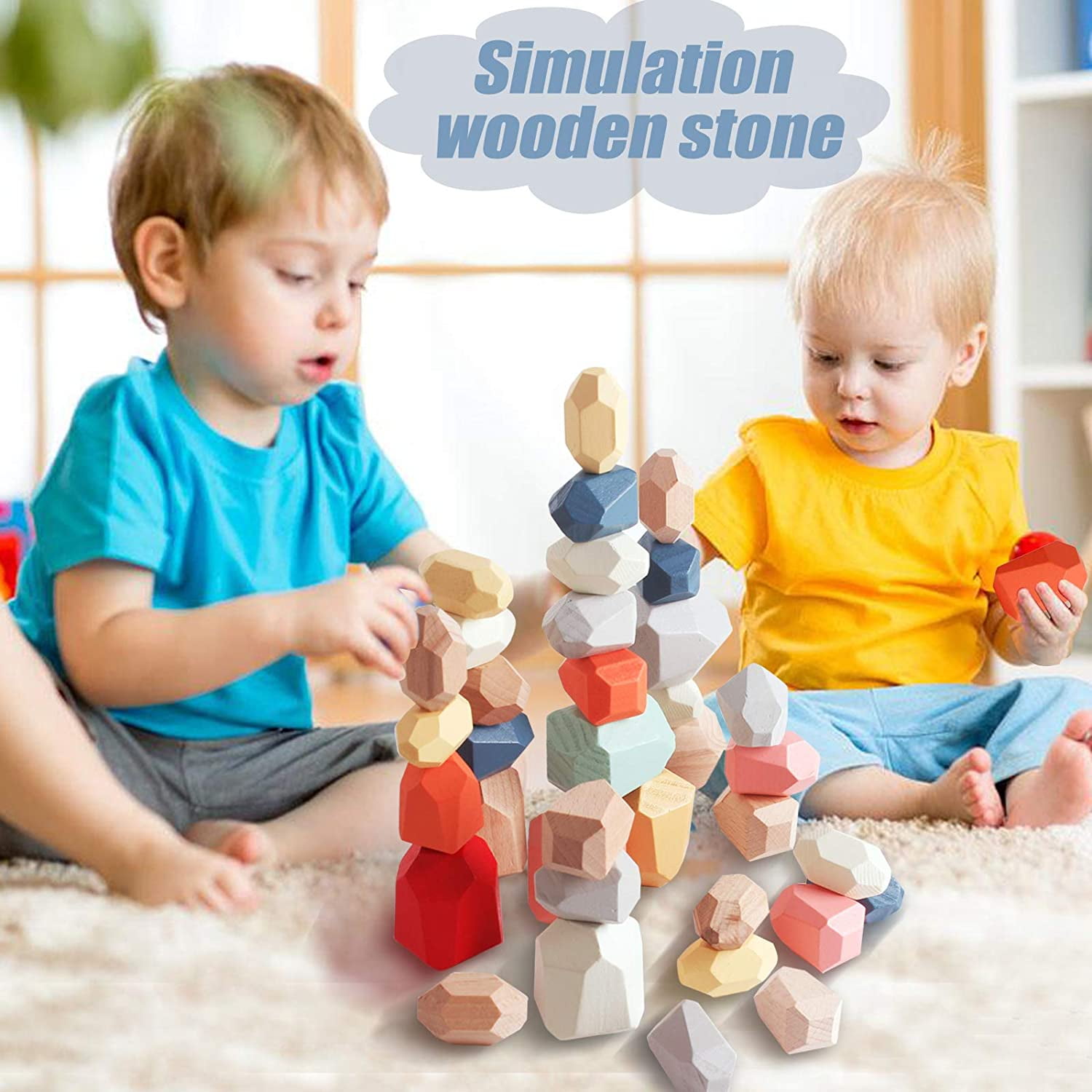 Educational Wooden Coloured Rocks Baby Stacking Game Stone Blocks Balancing Toys 