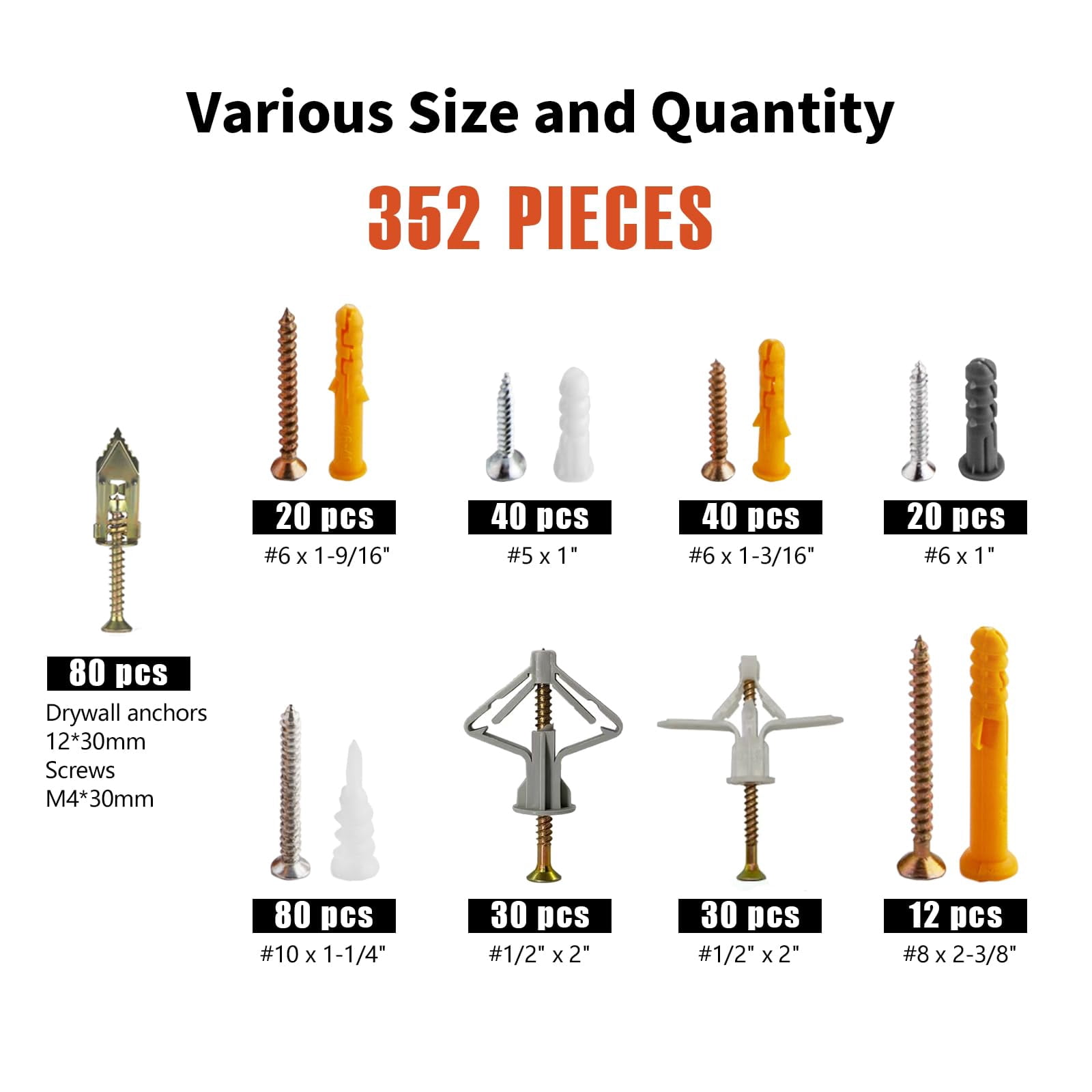 352pcs Self-Drilling Drywall Anchors and Screws Kit, 9 Different Assorted Size, Include Nylon Plastic Wall Anchors,Galvanized Steel Anchors, Screws, Hollow Door Anchors, Holds Up to 75lbs