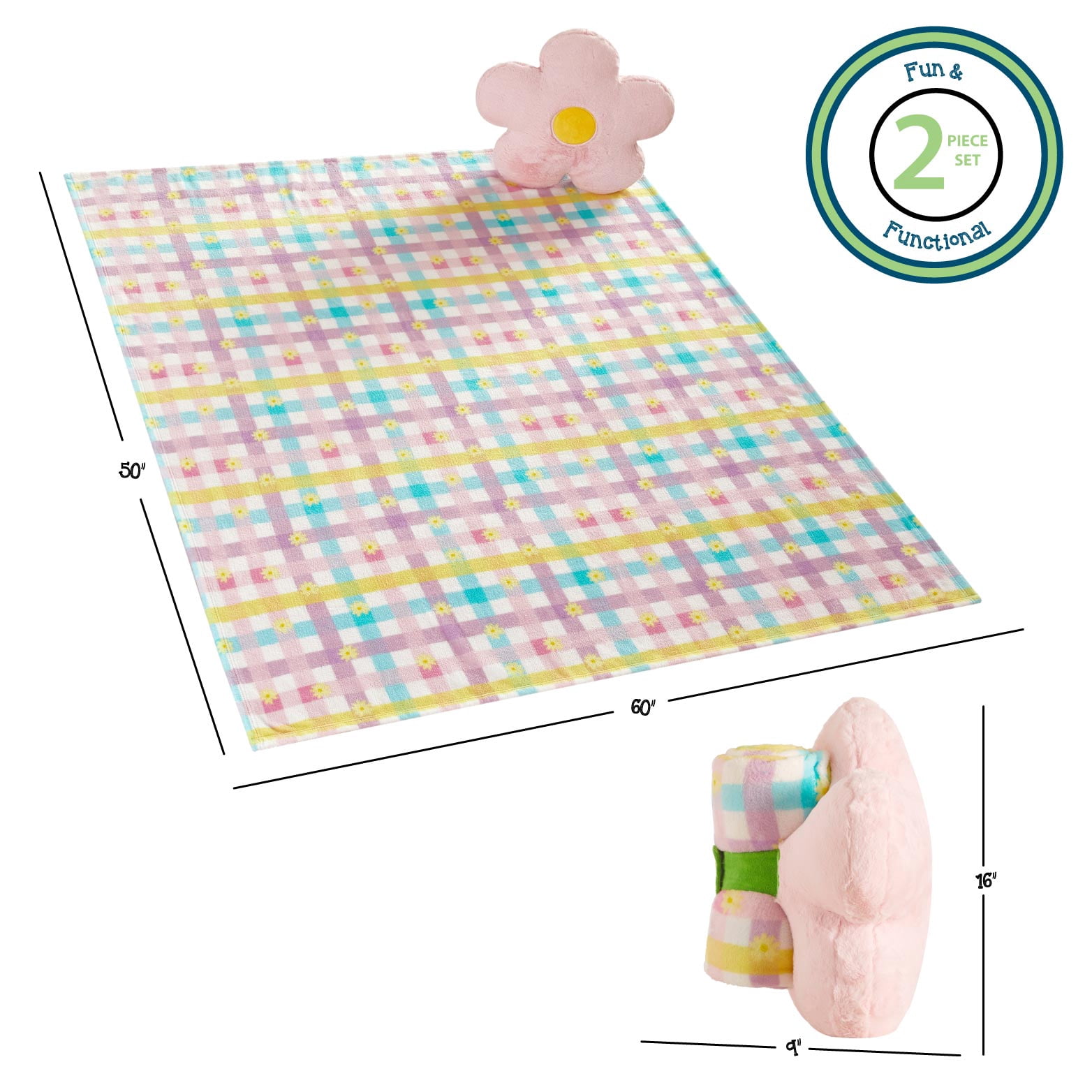 (2 pack) Your Zone 16"  Huggable Flower Pillow & 50" x 60" Throw Set, Pink