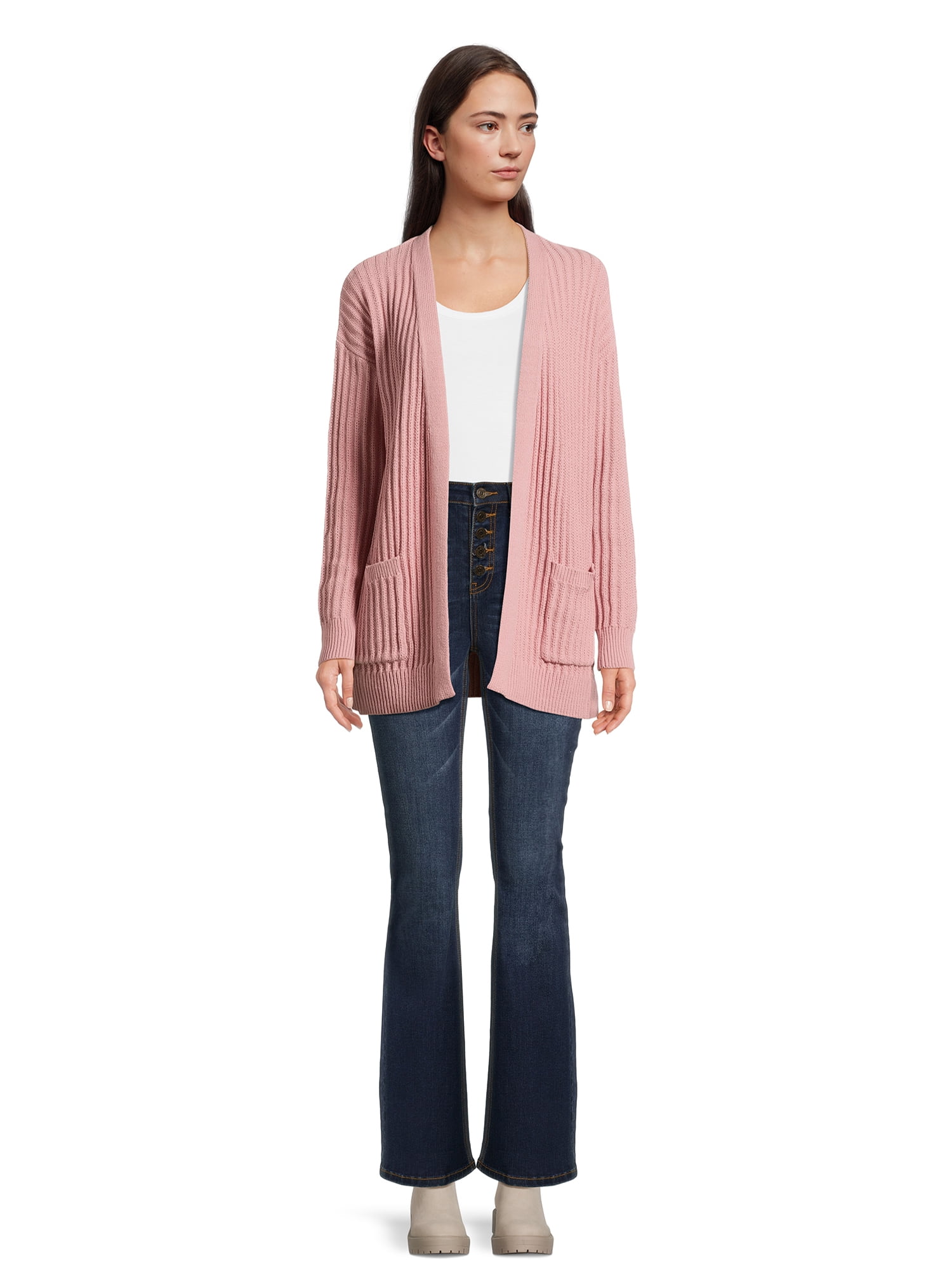 Time and Tru Women's Ribbed Open Front Cardigan Sweater, Midweight