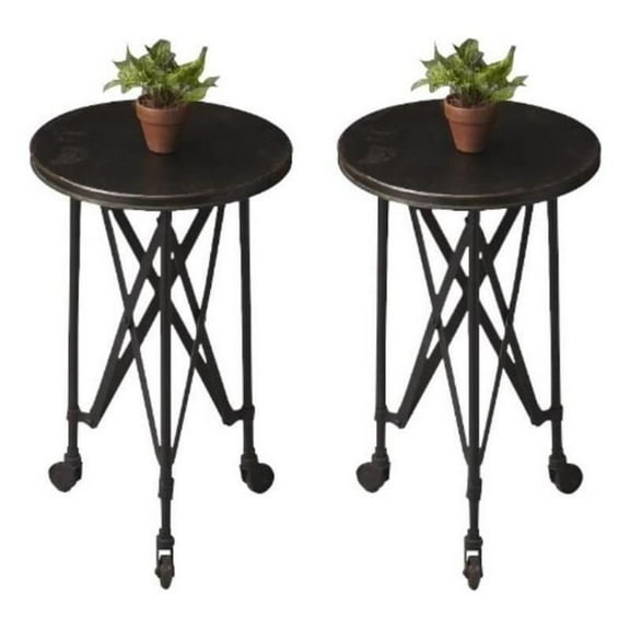 Home Square Specialty Round Iron Accent Table in Black - Set of 2
