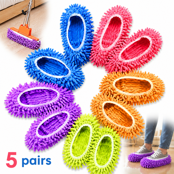 5 Pairs Microfiber Mop Slippers for Floor Cleaning , Reusable Washable Cleaning Shoes with Non-Slip Sole, House Slipper Socks for Dust, Pet Hair, Hardwood & Tile Floors , Indoor Cleaning Shoe Covers