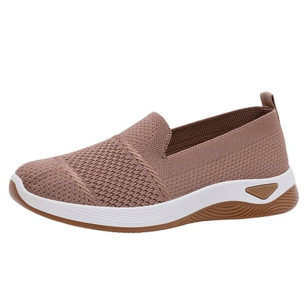 Linfrsh Womens Slip On Sneakers Walking Shoes Breathe Mesh Flats Comfortable Lightweight Loafer Shoes Knit Round Toe Casual Shoes Beige 7