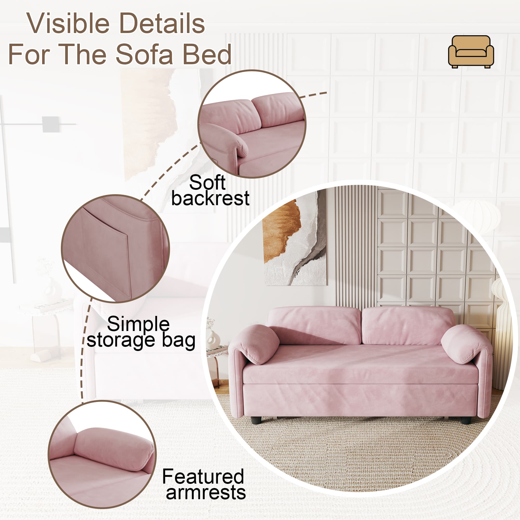 MAYEERTY 54" Velvet Convertible Sofa Bed, Pull Out Couch Beds Loveseat for Apartment, Living Room, Small Space, Pink