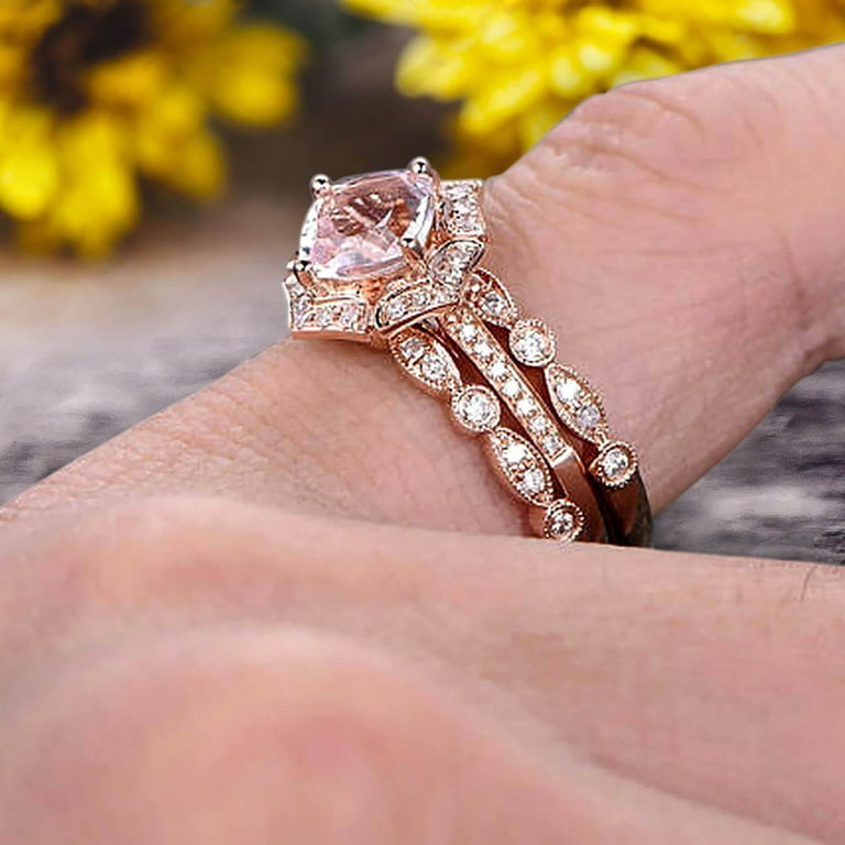 Morganite Engagement Ring On Solid 14k Rose gold 7mm Cushion Cut