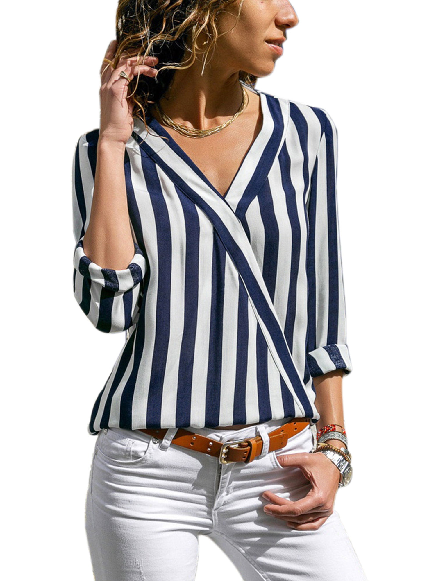 HiMONE - Womens Striped Shirt Casual Blouse Long Sleeve V Neck Loose ...