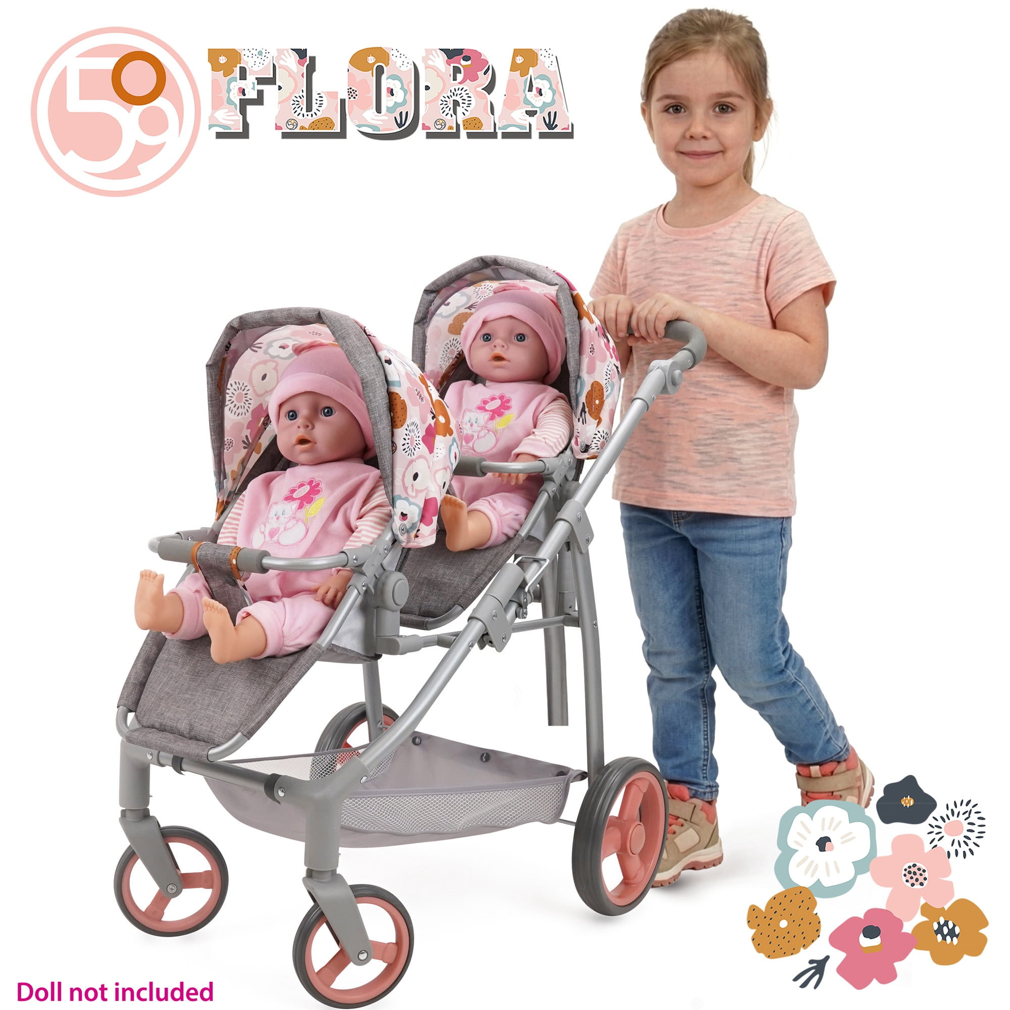 509 Crew: Melange Flora - Twin Doll Shopper Pram - Gray-Pink-Flower, Adjustable Stroller Seating Positions, Canopy-Basket, Doll Accessory Toy, Kids 3+