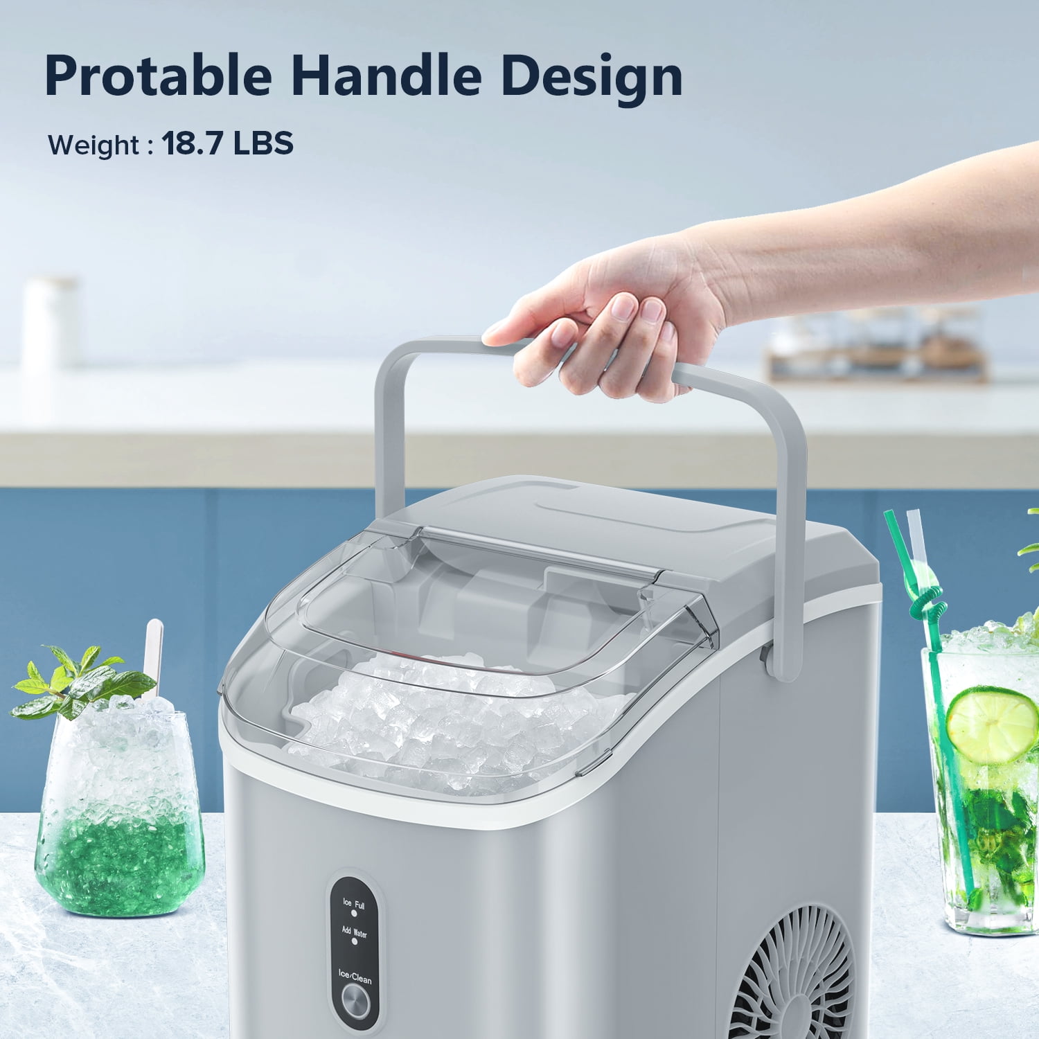Kismile Nugget Ice Makers Countertop, 45lbs/Day Pellet Ice Maker Machine  with 24-Hour Timer, Self-Cleaning Crushed ice Maker with Ice Scoop and Ice