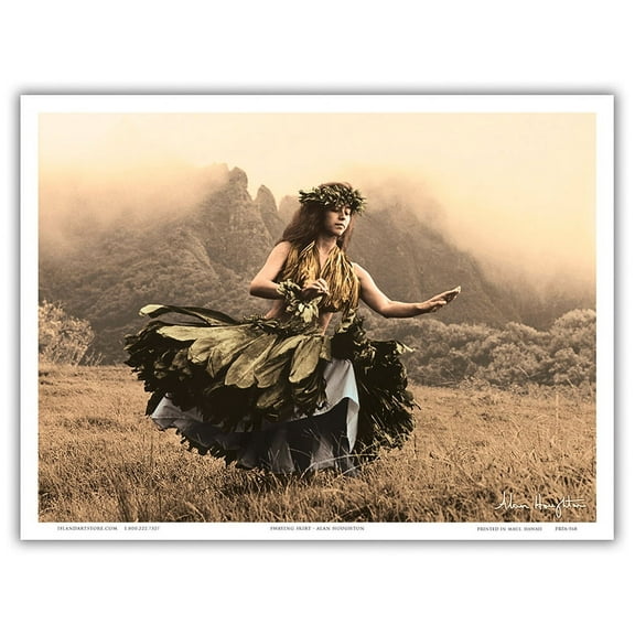 Swaying Skirt - Hawaiian Hula Dancer in Ti Leaf Skirt - Vintage Hand Colored Photograph by Alan Houghton c.1960s - Master Art Print (Unframed) 9in x 12in