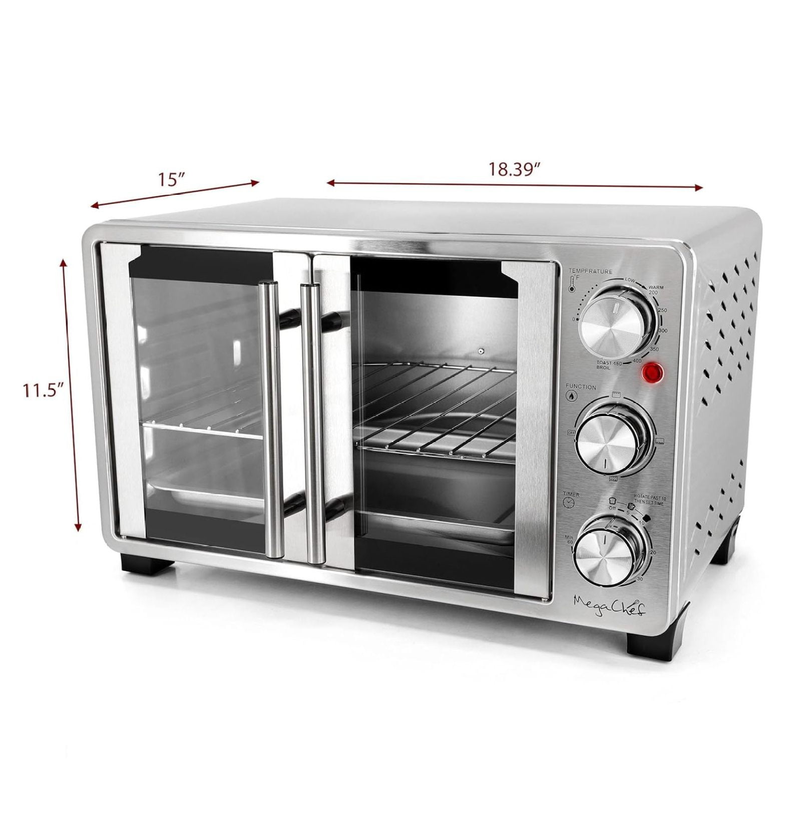 26.4 Quart French Door Multi-Function Stainless Steel Electric Toaster Oven with Temperature & Timer Control and Broil, Bake & Toast Functions