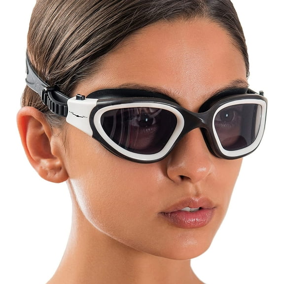 AqtivAqua Swimming Goggles, DX Wide View Swim Goggles for Adult Men Women, Anti Fog No Leaking White Goggles Black Case Shade