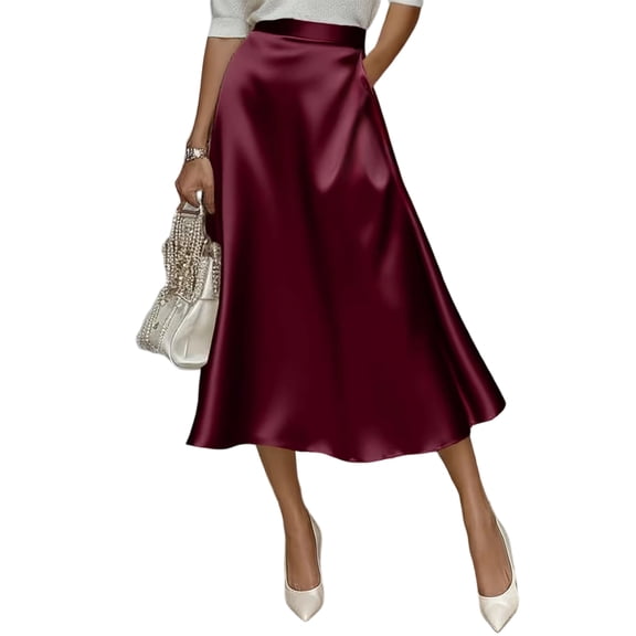 Women's Midi Skirts Silky Satin Flowy High Waist A Line Skirts Elegant Formal Work Business Flared Skirts, XL