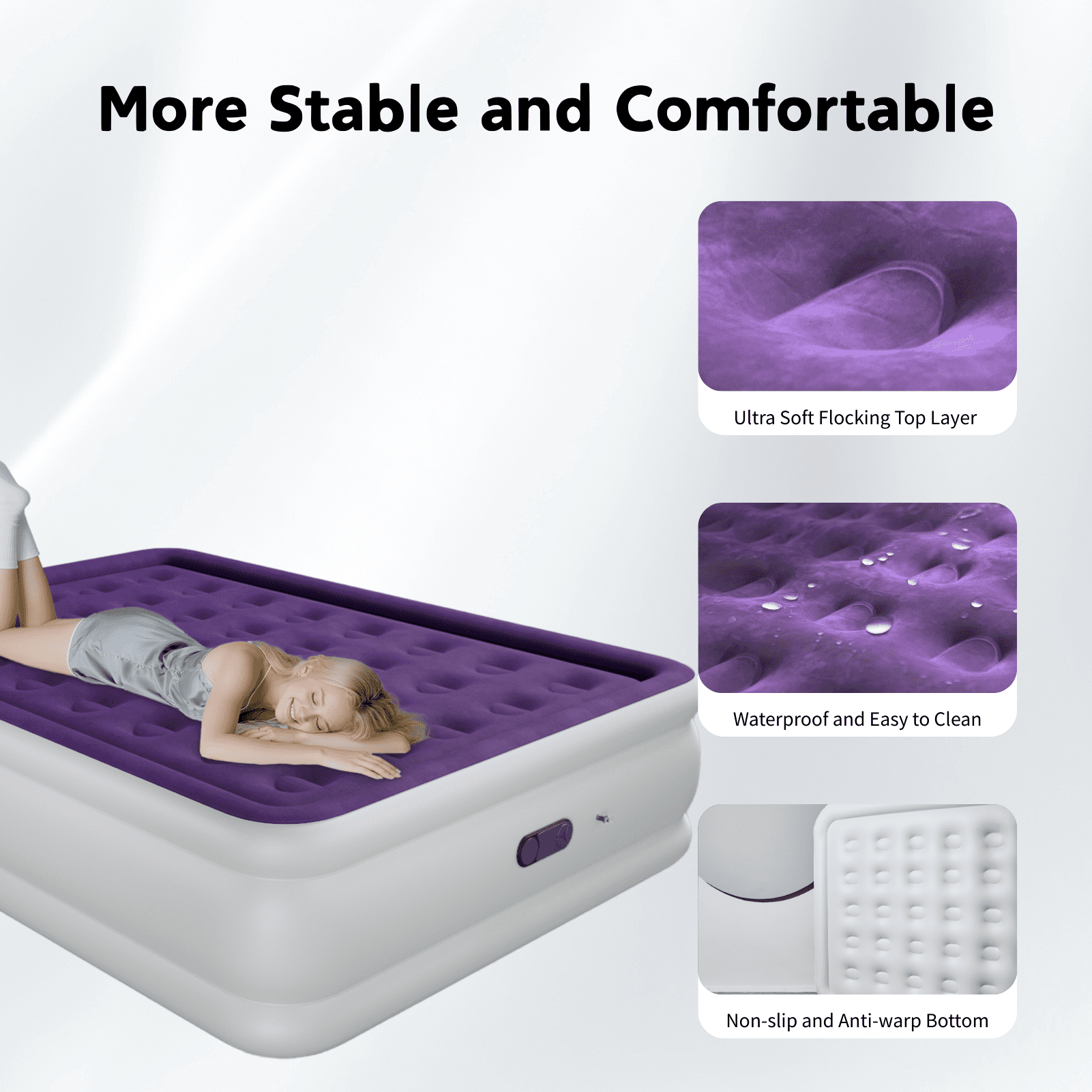 Full 18" Top Flocking Air Mattress with Built-in Pump Raised Comfort,Fast Inflation/Deflation Foldable Portable Air Bed with Storage Bag for Home,Camping,Guests Purple