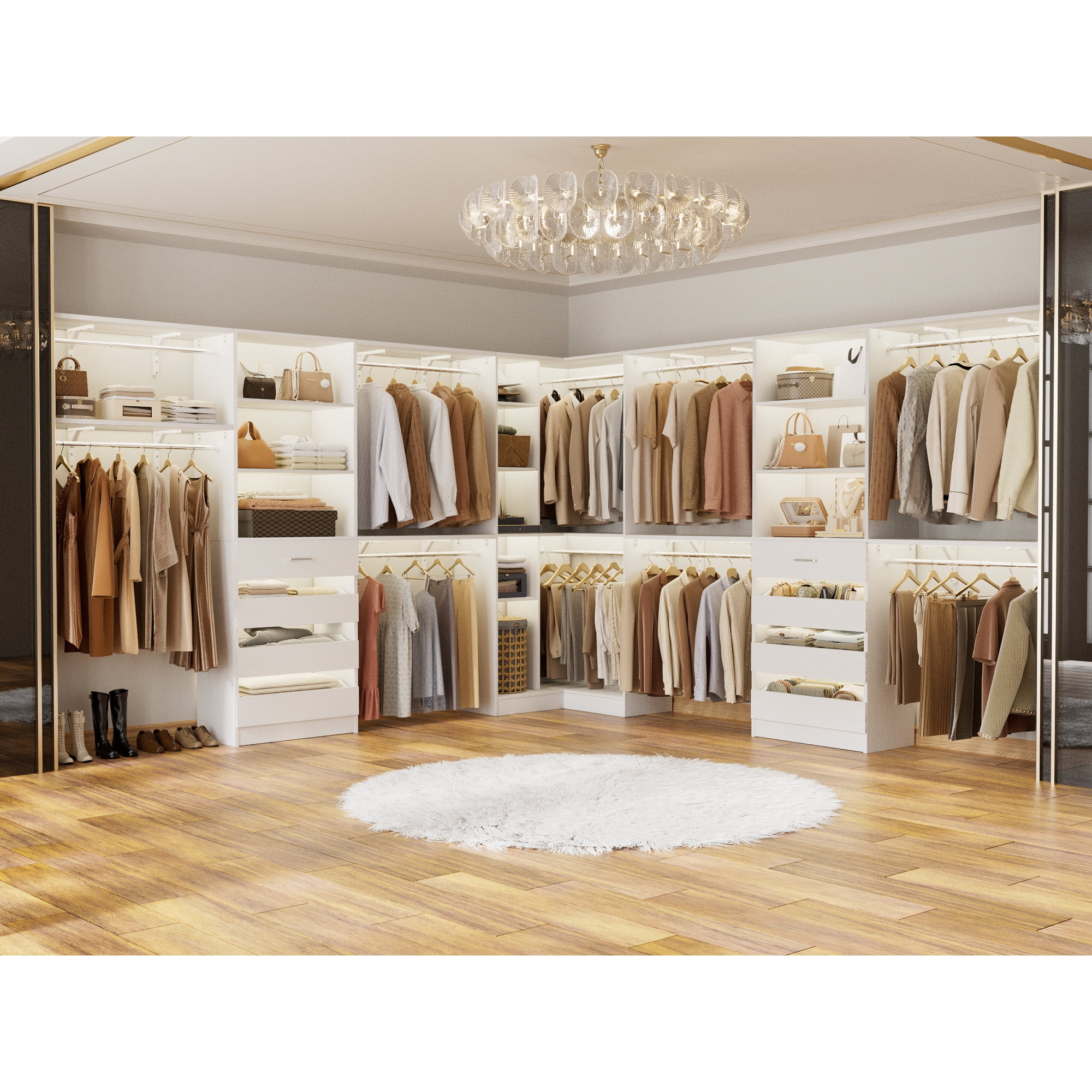 Homieasy 8FT Walk-in Closet System with 4 Wooden Drawers & 4 Hanging Rods ,96'' Wardrobe Tower, Garment Rack ,Heavy-Duty Closet Organizer for Bedroom/Laundry Room ,White