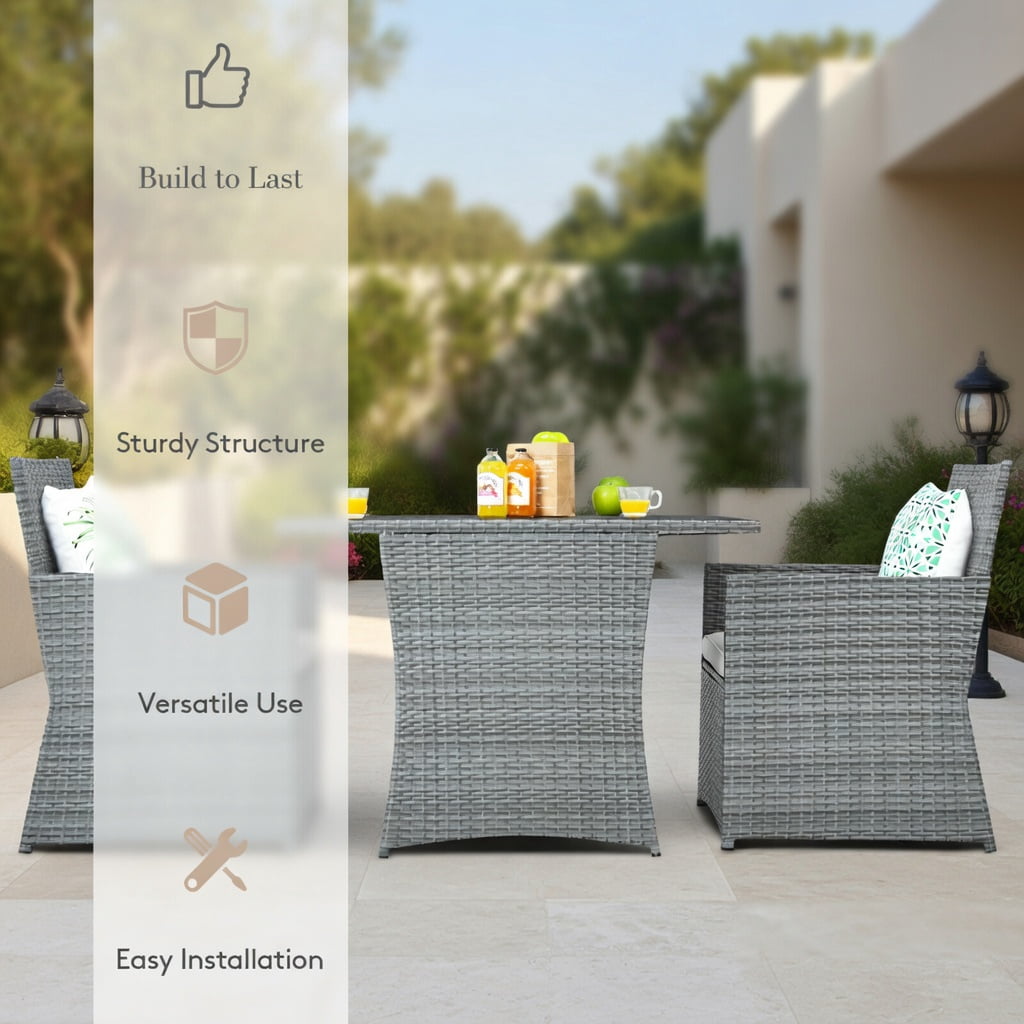 Hommoo 3-Piece Modern Patio Rattan Furniture Set, Steel Frame with Cushions, Tempered Glass Table & Ergonomic Armchairs for Balcony, Porch & Garden
