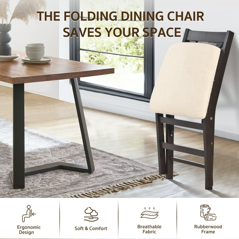 COLAMY Folding Dining Chairs Set Of 2 — Beige Upholstered, Mid-Century Modern, No Assembly, Space-Saving