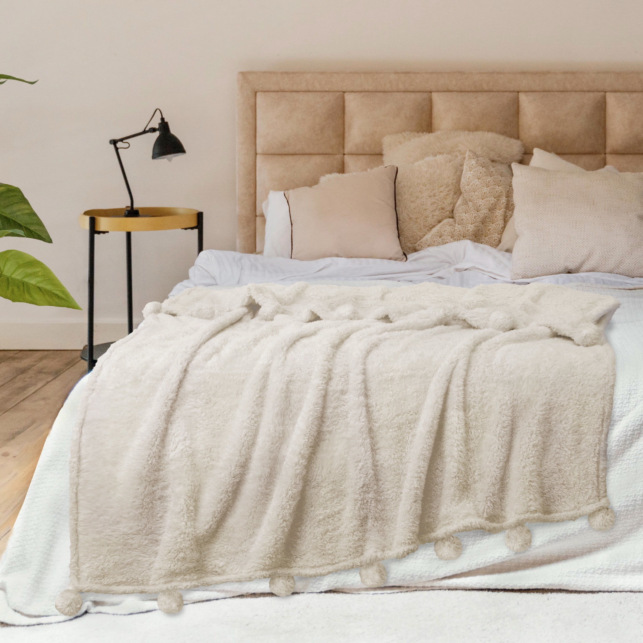 PAVILIA Ivory Cream Sherpa Throw Blanket with Soft Pom Pom Fringe, Plush Cozy Warm Blankets for Couch Bed Sofa, Fuzzy Fleece Throw with Pompom, Lightweight Fluffy, Ivory 50x60 in