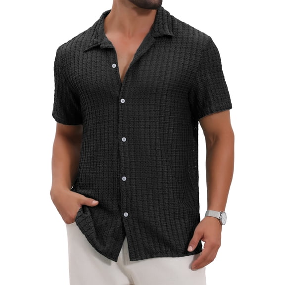 DARING DIVA Men's Casual Knitted Hollow Out Short Sleeve Shirt M Black
