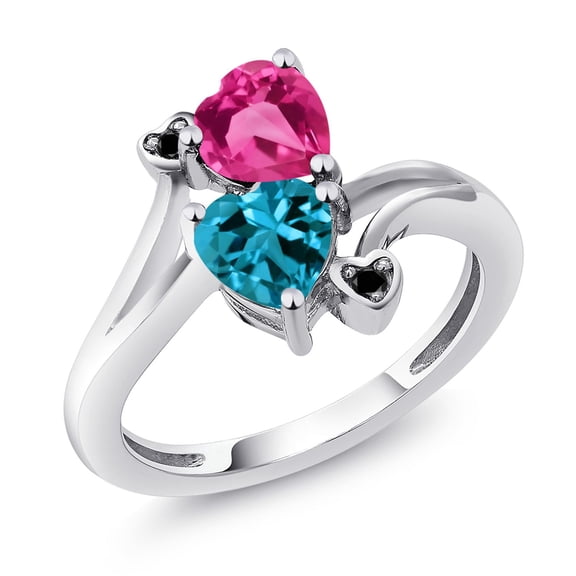 Gem Stone King 925 Sterling Silver Pink Created Sapphire London Blue Topaz and Black Diamond Ring for Women (1.78 Cttw, Heart Shape 6MM, Gemstone September Birthstone, Size 8)