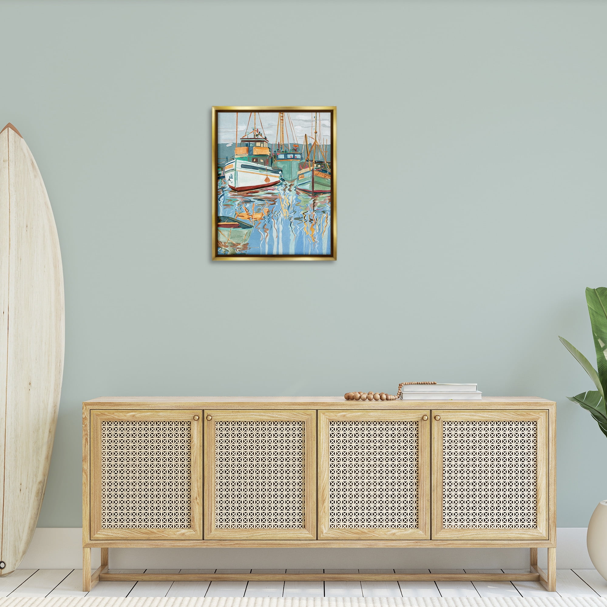 Stupell Industries Boat Harbor Reflections Transportation Painting Gold Floater Framed Canvas Art Print Wall Art, 25 x 31