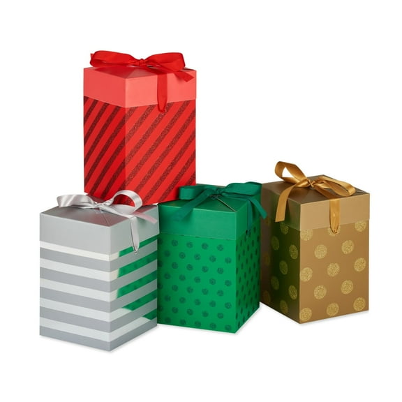 American Greetings Push Down Gift Boxes for Christmas and All Holidays, Red, Green, Silver and Gold (4 Boxes)