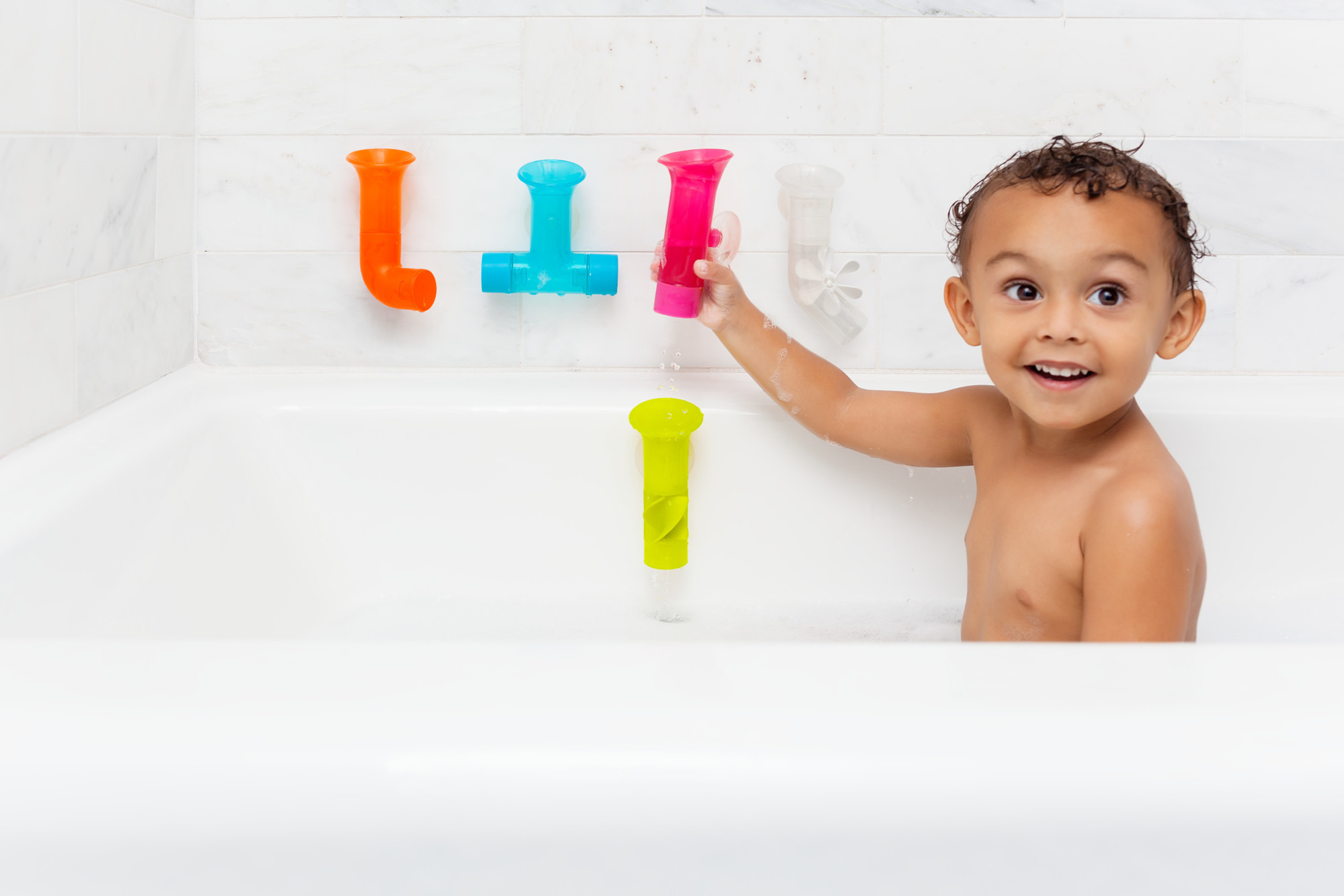 Boon Pipes Building Bath Toy Set, Colorful Learning Bath Toys Suction to Wall, 5 Pipes - image 3 of 4