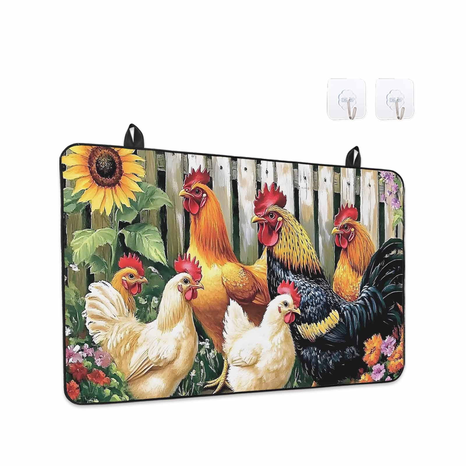 Retro Rooster Stove Top Cover for Electric Stove, Heat-proof & Non Slip Glass Top Stove Cover Protector, Farmhouse Watercolor Animals Floral Kitchen Flat Cooktop Rubber Mat 24x21 Inches