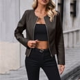 thumbnail image 2 of dGslk Women's Casual Long-Sleeved Solid Color PU Motorcycle Leather Jacket Coffee 2XL, 2 of 2