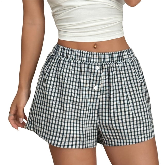 Pantalones Cortos Tipo Bóxer para Mujer, Pijama de Cuadros de Verano 2025, Pantalones Cortos de Pijama Y2K para Playa. Azul M
