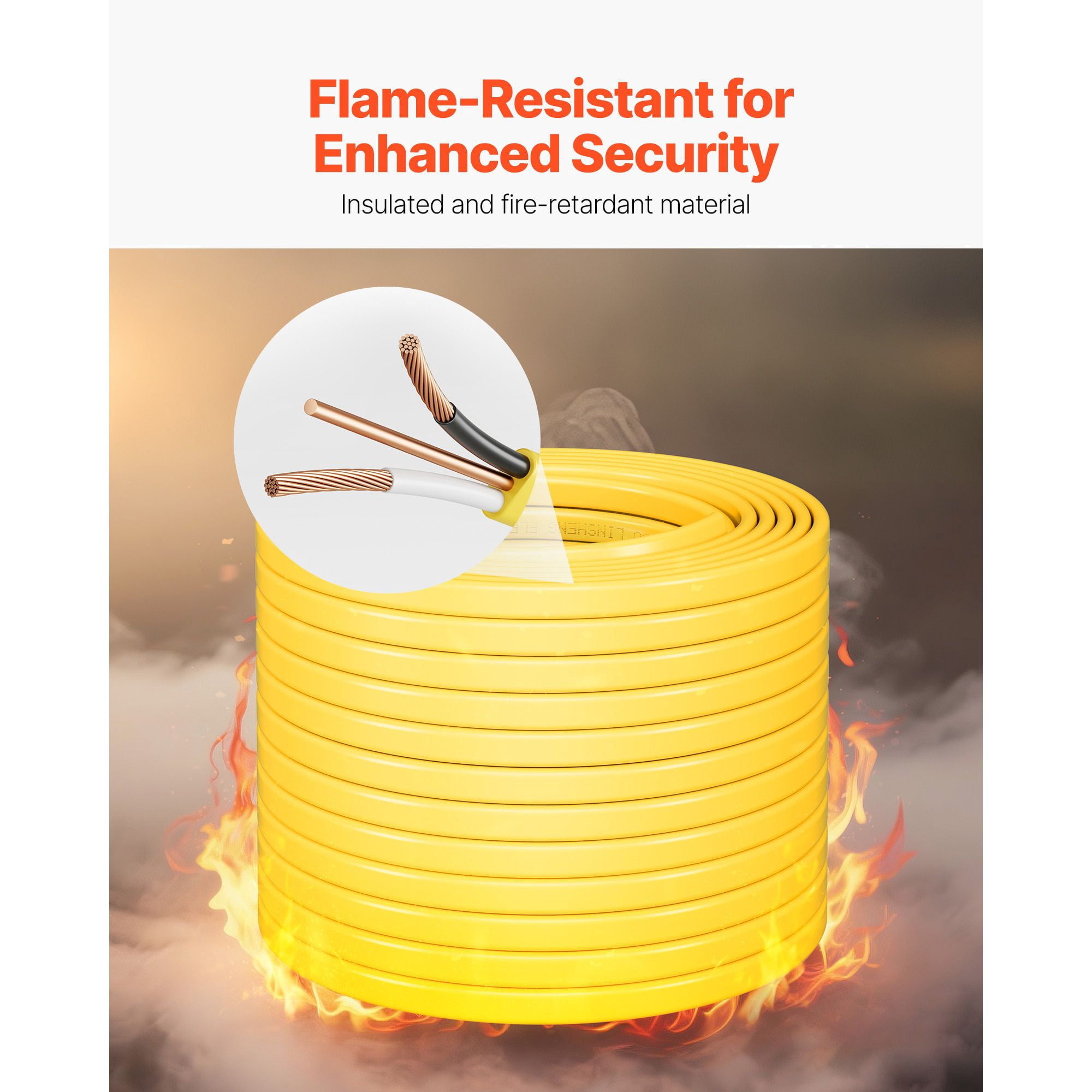 100 FT Copper Core NM-B Cable, High-Purity Copper, Flame Retardant PVC Sheath, for Residential Commercial Wiring