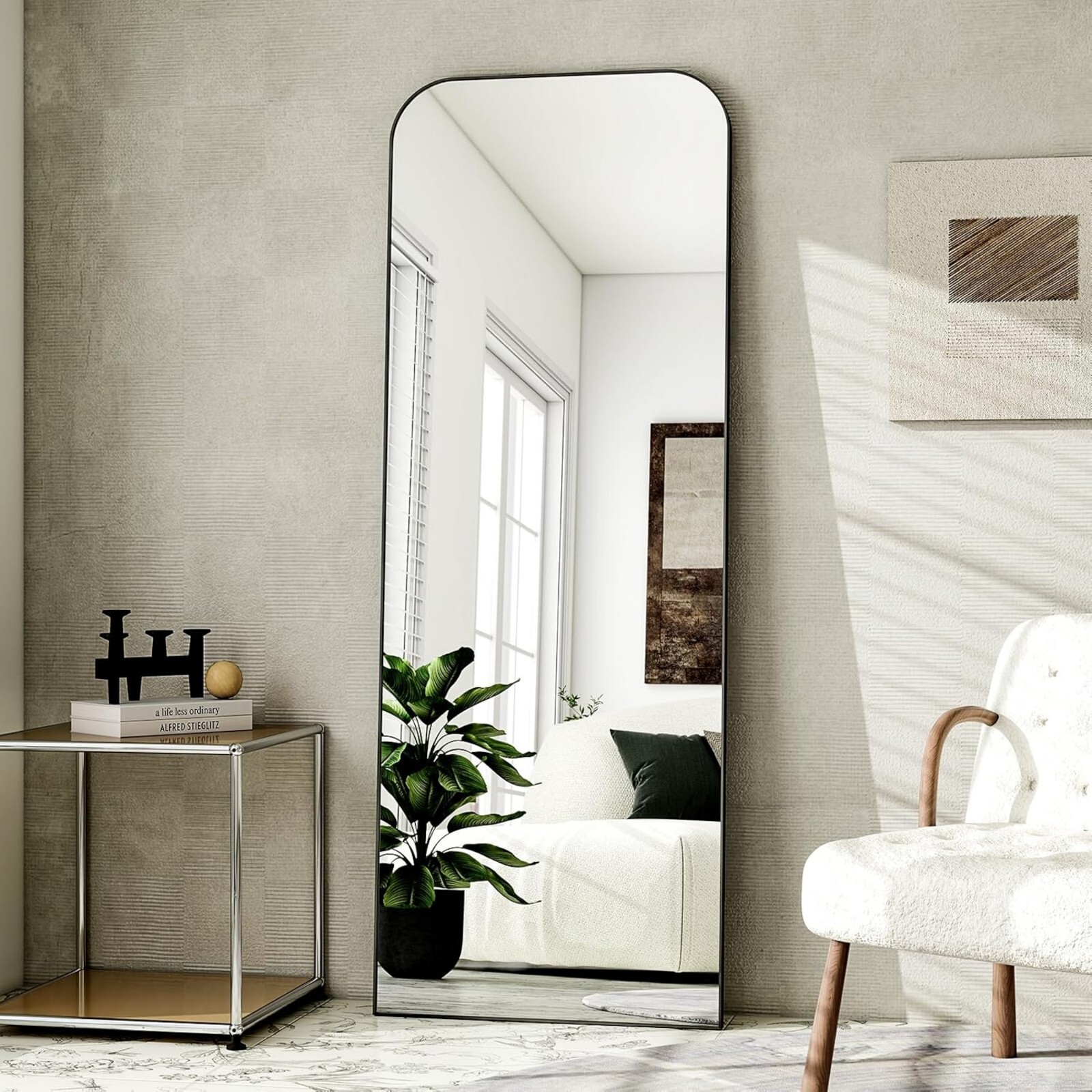 AUROMIR 64"x21" Arched Full Length Mirror Freestanding Floor Mirror with Metal Frame, Black
