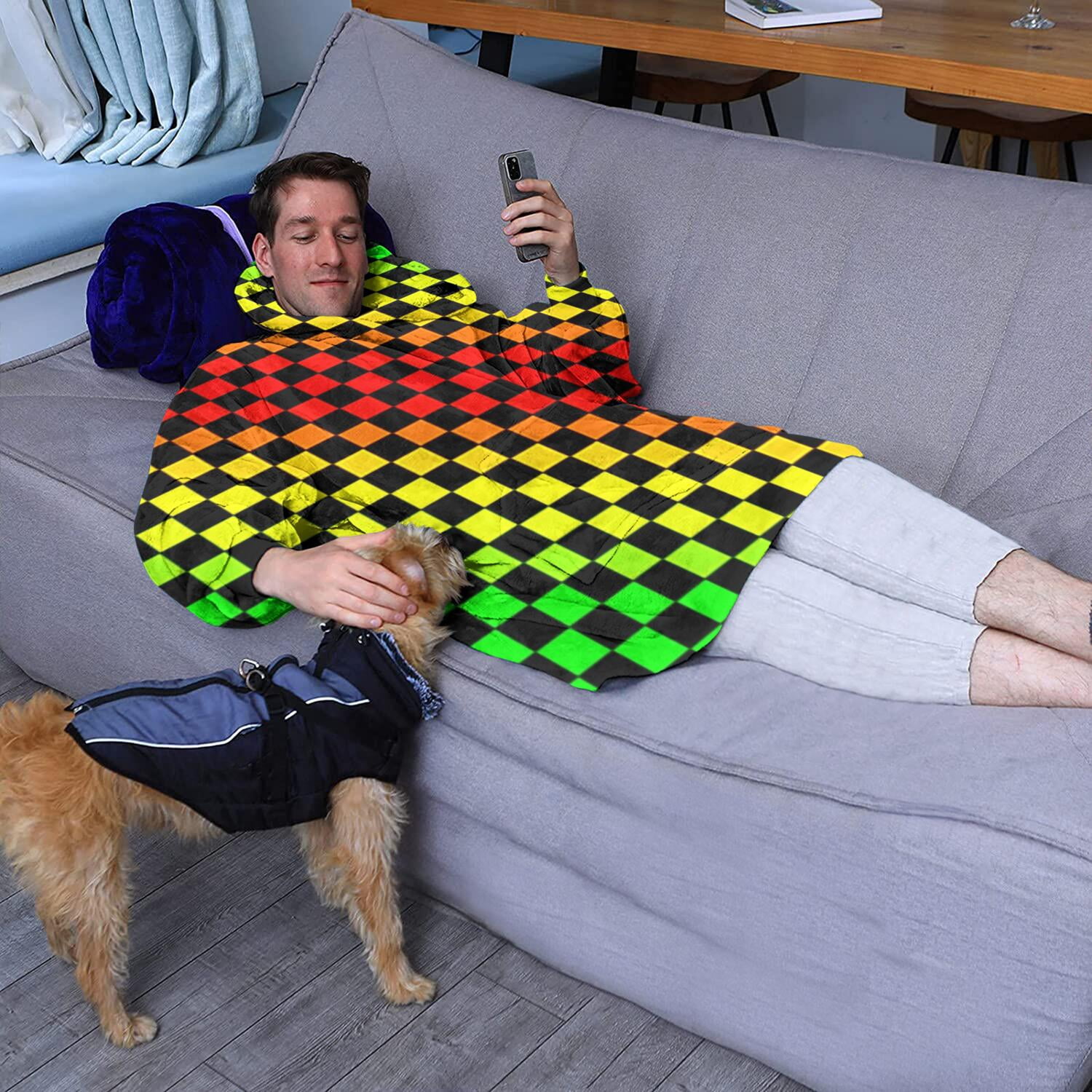 Rainbow Color Checkered Pattern Wearable Oversized Blanket,Wearable Blanket Hoodie for Adults,Cozy Hooded Blankets with Super Pockets,Super Warm Fuzzy Pullover for Women & Men