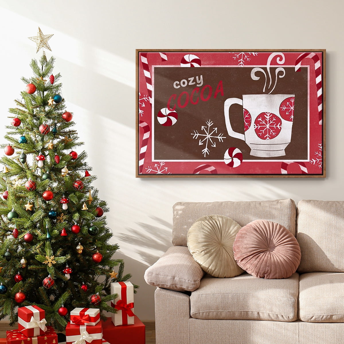 Cozy Cocoa Christmas Collection A - Framed Gallery Wrapped Holiday Canvas - 27 x 41 - Rosewood Frame
