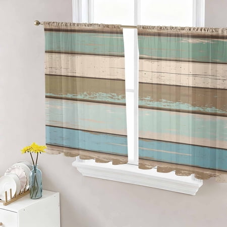 Green Blue Brown Farmhouse Semi Sheer Curtains 54 Inch Length 2 Panels Set Vintage Wood Sheer Kitchen Curtain Privacy Voile Window Curtain for Living Room Bedroom Rod Pocket Drapes